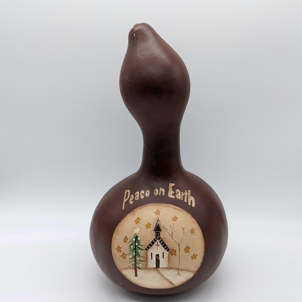 Hand painted brown Peace On Earth decorative Christmas holiday dried gourd